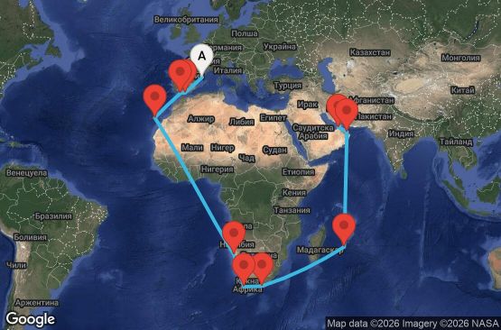 Маршрут на круиз 36 дни Испания, Намибия, Южна Африка, Мавриций, Оман, Обединени арабски емирства - BCN36A05