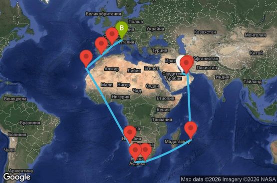 Маршрут на круиз 36 дни Катар, Обединени арабски емирства, Мавриций, Южна Африка, Намибия, Испания, Гибралтар, Италия - DOH36A07