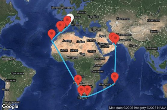 Маршрут на круиз 37 дни Франция, Испания, Намибия, Южна Африка, Мавриций, Оман, Обединени арабски емирства - MRS37A05