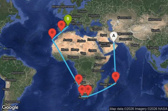 Маршрут на круиз 33 дни Обединени арабски емирства, Мавриций, Южна Африка, Намибия, Испания, Гибралтар - DXB33A0C