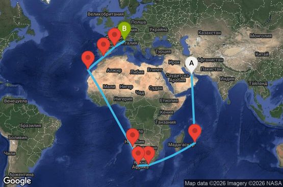 Маршрут на круиз 33 дни Обединени арабски емирства, Мавриций, Южна Африка, Намибия, Испания, Гибралтар, Италия - DXB33A0D