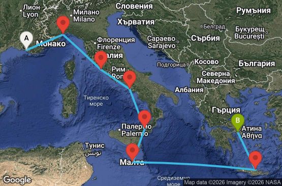 Маршрут на круиз 8 дни Франция, Италия, Малта, Гърция - MRS08A0R