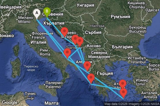 Маршрут на круиз 14 дни Италия, Гърция, Черна гора, Хърватия - PMA14A2Z