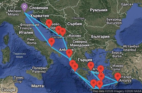 Маршрут на круиз 14 дни Италия, Гърция, Черна гора, Хърватия - PMA14A3E