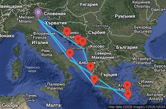 Маршрут на круиз 14 дни Италия, Гърция, Черна гора, Хърватия - PMA14A3H