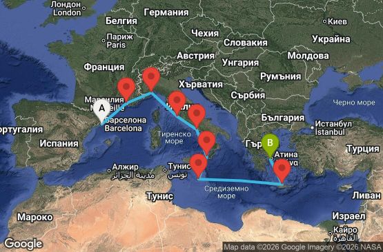 Маршрут на круиз 9 дни Испания, Франция, Италия, Малта, Гърция - BCN09A0G