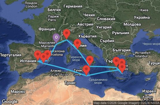 Маршрут на круиз 14 дни Франция, Италия, Гърция, Малта, Испания - MRS14A3O