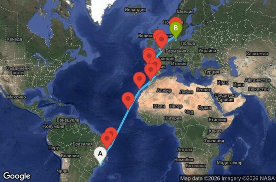 Маршрут на круиз 25 дни Бразилия, Кабо Верде, Испания, Мароко, Португалия, Франция, Великобритания, Дания, Германия - RIO25A07