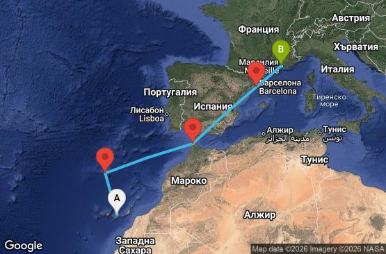 Маршрут на круиз 6 дни Испания, Португалия, Мароко, Франция - LPA06A01