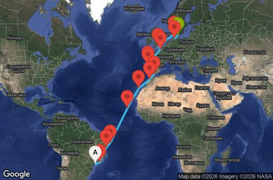 Маршрут на круиз 27 дни Бразилия, Кабо Верде, Испания, Мароко, Португалия, Франция, Великобритания, Дания, Германия - SSZ27A06