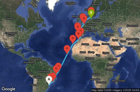 Маршрут на круиз 27 дни Бразилия, Кабо Верде, Испания, Мароко, Португалия, Франция, Великобритания, Дания, Германия - ITJ27A00
