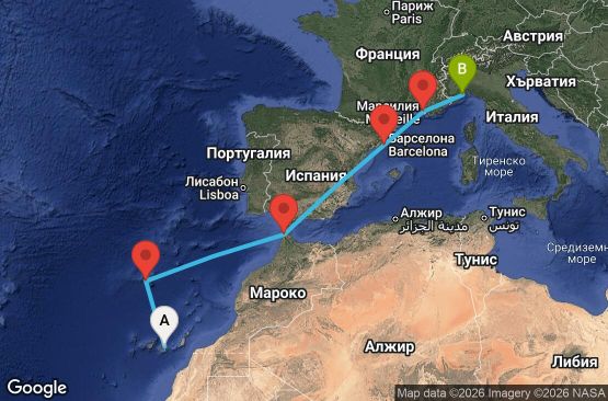 Маршрут на круиз 7 дни Испания, Португалия, Мароко, Франция, Италия - LPA07A0U