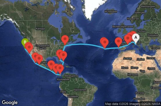 Маршрут на круиз 40 дни Италия, Франция, Испания, Португалия, САЩ, Бахамските острови, Панама, Коста Рика, Гватемала, Мексико - CIV40A01