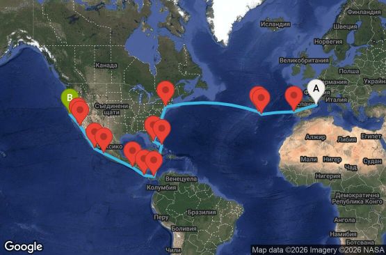 Маршрут на круиз 37 дни Испания, Португалия, САЩ, Бахамските острови, Панама, Коста Рика, Гватемала, Мексико - BCN37A01