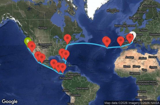Маршрут на круиз 38 дни Франция, Испания, Португалия, САЩ, Бахамските острови, Панама, Коста Рика, Гватемала, Мексико - MRS38A01
