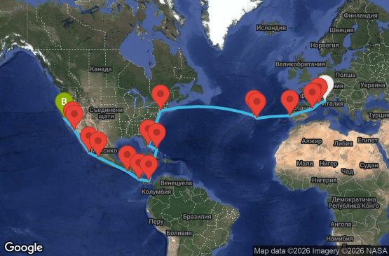 Маршрут на круиз 39 дни Италия, Франция, Испания, Португалия, САЩ, Бахамските острови, Панама, Коста Рика, Гватемала, Мексико - SVN39A01