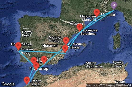 Маршрут на круиз 12 дни Италия, Испания, Португалия, Мароко, Франция - SVN12A0Y