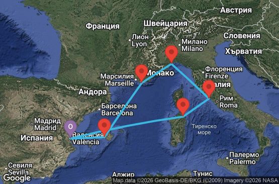 Маршрут на круиз 7 дни Испания, Италия, Франция - VLC07A47