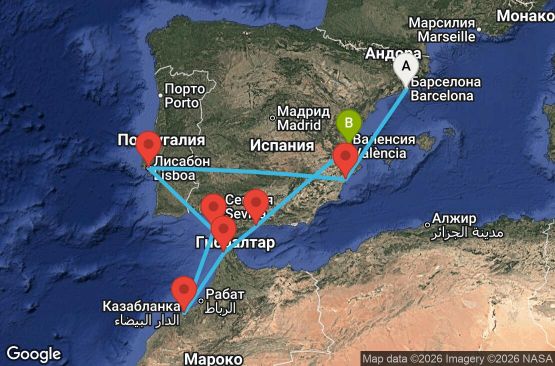 Маршрут на круиз 9 дни Испания, Португалия, Мароко - BCN09A0H