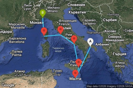 Маршрут на круиз 7 дни Италия, Малта, Франция - TAR07A16
