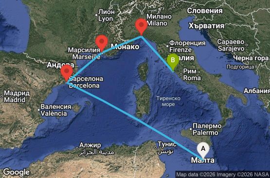 Маршрут на круиз 5 дни Малта, Испания, Франция, Италия - UZ7H
