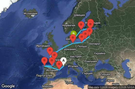 Маршрут на круиз 19 дни Франция, Испания, Германия, Полша, Литва, Латвия, Естония, Финландия, Швеция, Дания - UZA8