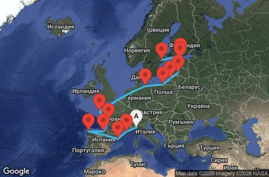 Маршрут на круиз 18 дни Италия, Франция, Испания, Германия, Полша, Литва, Латвия, Естония, Финландия, Швеция - UZAK