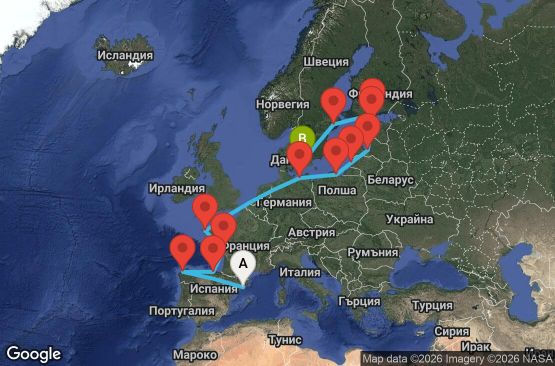 Маршрут на круиз 18 дни Испания, Франция, Германия, Полша, Литва, Латвия, Естония, Финландия, Швеция, Дания - UZAI