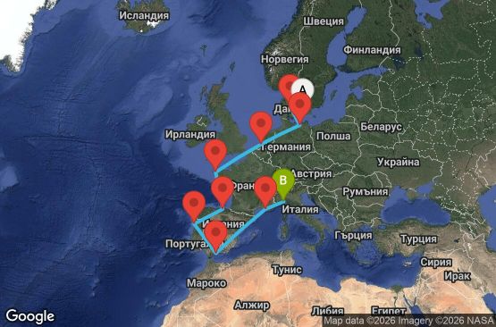 Маршрут на круиз 14 дни Дания, Германия, Нидерландия, Франция, Испания, Португалия, Италия - UZA5