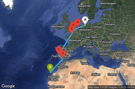 Маршрут на круиз Germany, England, France, Portugal, Spain, Canary Islands - HAM10A0B