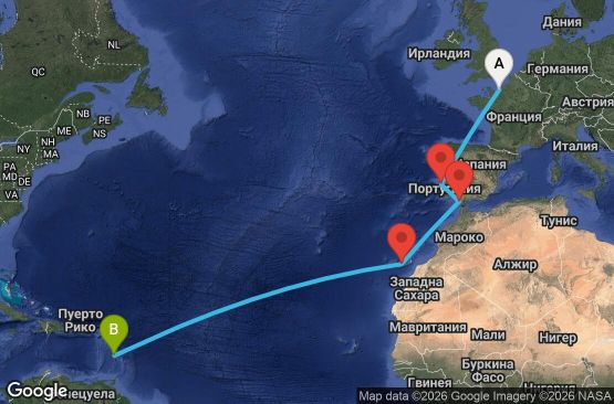 Маршрут на круиз France, Portugal, Spain, Canary Islands, Antilles - LEH13A02