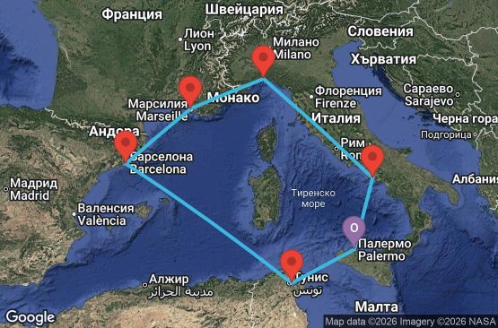 Маршрут на круиз 7 дни Италия, Тунис, Испания, Франция - UZ6L