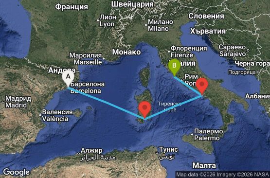 Маршрут на круиз 4 дни Испания, Италия - BCN04A52