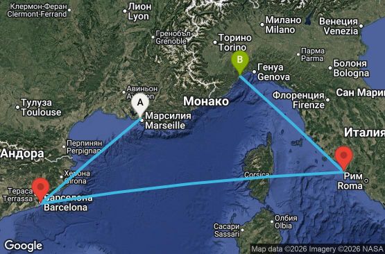 Маршрут на круиз 4 дни Франция, Испания, Италия - MRS04A3M
