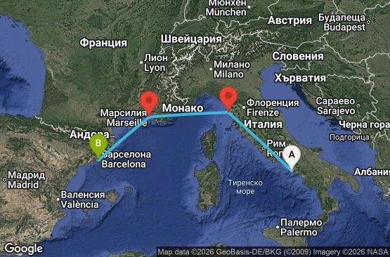 Маршрут на круиз 3 дни Италия, Франция, Испания - UWSW