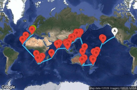 Маршрут на круиз USA, Hawaii, Fiji, Tonga, New Zealand, Australia, Japan, South Korea, Taiwan, China, Singapore, Malaysia, Thailand, Sri Lanka, South Africa - SFO98A04