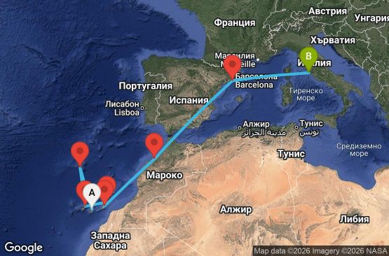 Маршрут на круиз 10 дни Испания, Португалия, Мароко, Италия - UVRU