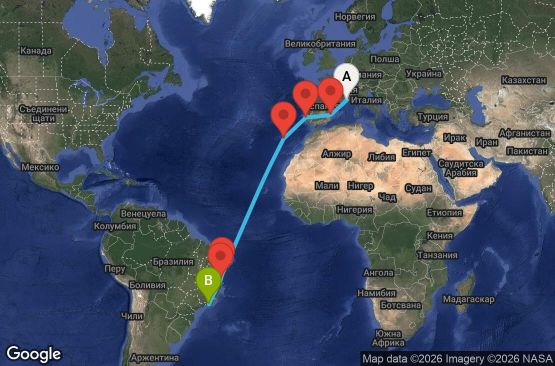Маршрут на круиз 15 дни Франция, Испания, Португалия, Бразилия - UYVZ