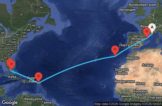 Маршрут на круиз 15 дни Франция, Испания, Португалия, Нидерландски Антили, Бахамските острови, САЩ - UWBM