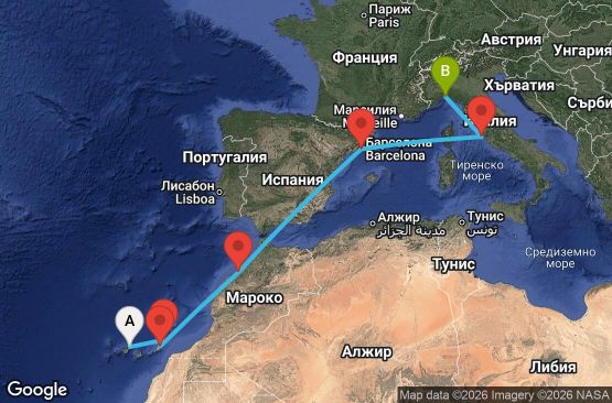 Маршрут на круиз 9 дни Испания, Мароко, Италия - UVX4