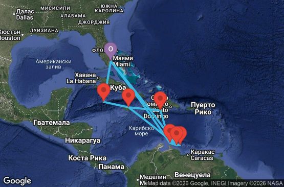 Маршрут на круиз 20 дни САЩ, Нидерландски Антили, Доминиканска република, Ямайка, Каймановите острови - UX6B