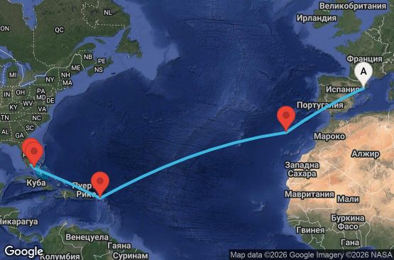 Маршрут на круиз 14 дни Испания, Португалия, Нидерландски Антили, Бахамските острови, САЩ - UWBN