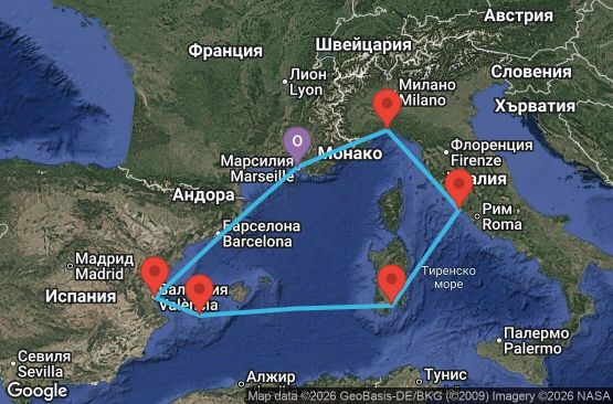 Маршрут на круиз 7 дни Франция, Испания, Италия - UWUR