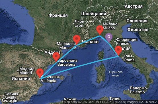 Маршрут на круиз 7 дни Италия, Испания, Франция - UWP6