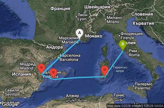 Маршрут на круиз 5 дни Франция, Испания, Италия - UYZ8