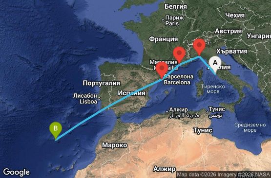 Маршрут на круиз 6 дни Италия, Франция, Испания, Португалия - UWBW