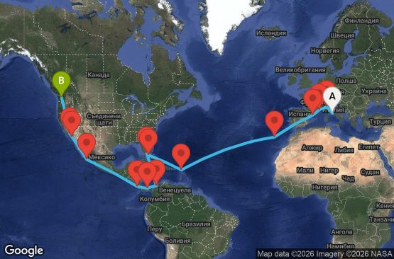 Маршрут на круиз 35 дни Италия, Франция, Испания, Португалия, Нидерландски Антили, Бахамските острови, САЩ, Колумбия, Панама, Коста Рика, Мексико - UWC0
