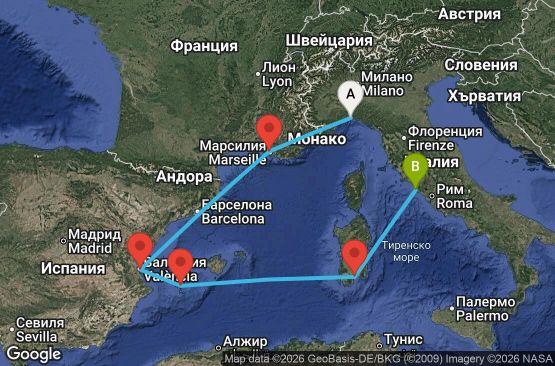 Маршрут на круиз 6 дни Италия, Франция, Испания - UZ08
