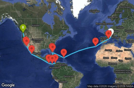 Маршрут на круиз 33 дни Франция, Испания, Португалия, Нидерландски Антили, Бахамските острови, САЩ, Колумбия, Панама, Коста Рика, Мексико - UWC5
