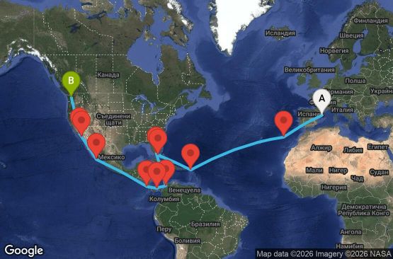 Маршрут на круиз 32 дни Испания, Португалия, Нидерландски Антили, Бахамските острови, САЩ, Колумбия, Панама, Коста Рика, Мексико - UWC8
